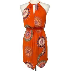 ANTHROPOLOGIE FLOREAT Mandala Halter Neck Wrap Mini Dress Bright Orange Size 2